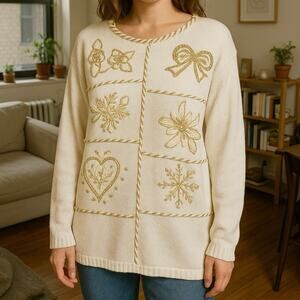 Vintage Work in Progress Holiday Sweater Gold Embroidered Sz S